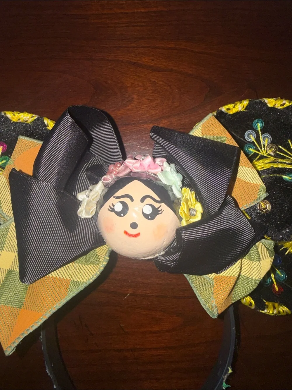 Handcrafted Black and Yellow Embroidered Ear Headband with Bow